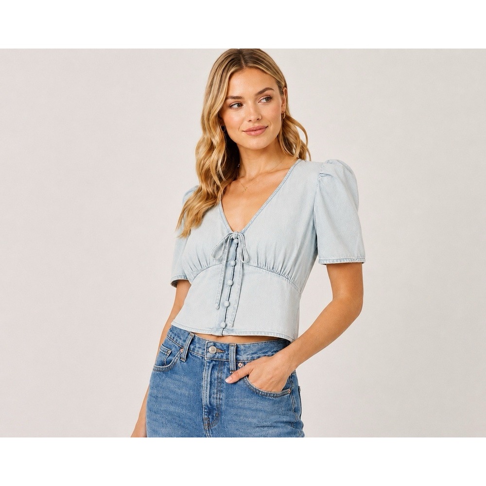 Levi's Luisa Denim Chambray Puff‎ Sleeve Tie Front Crop Boho Blouse Top XL NWT